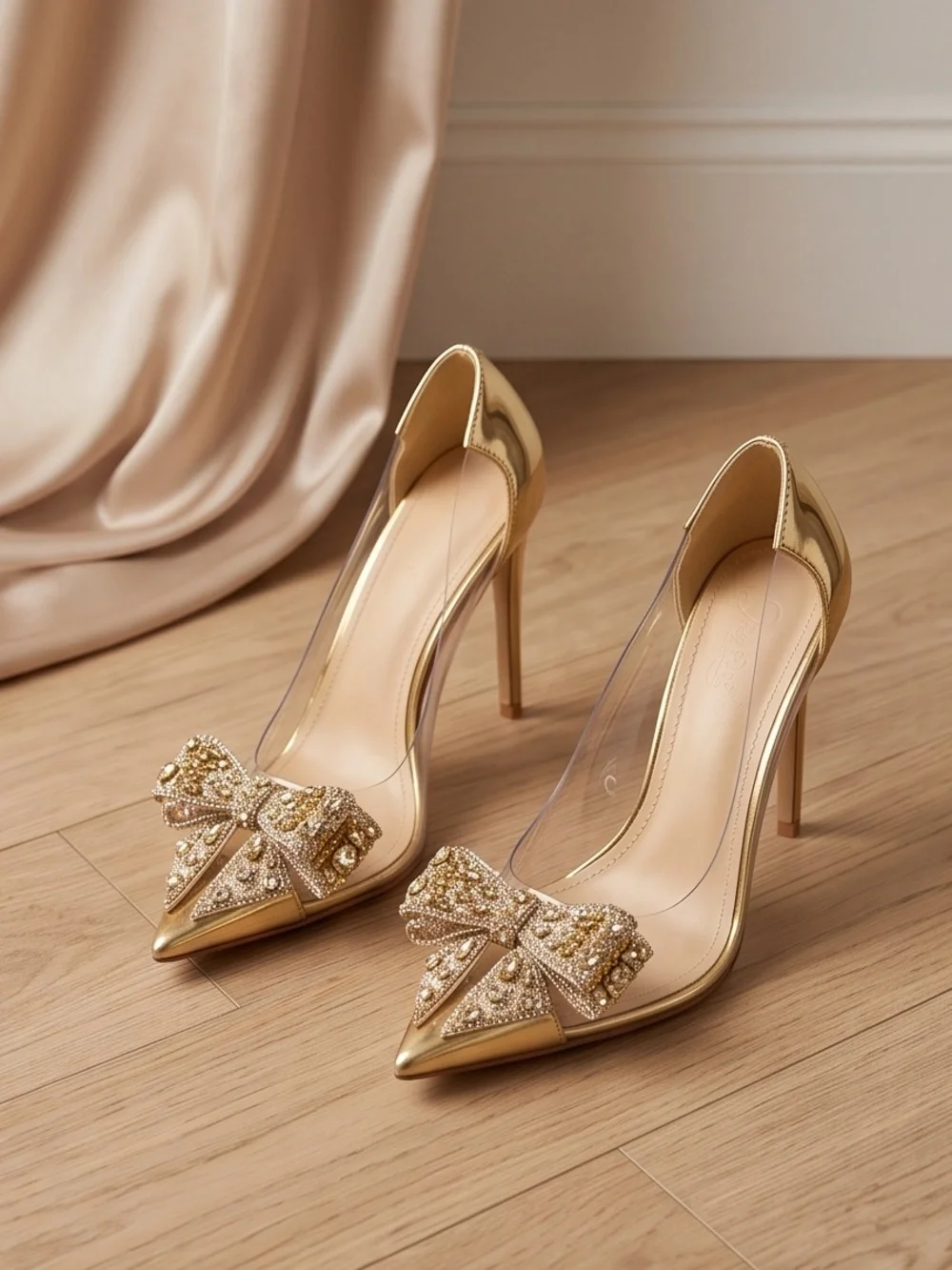 Gold Crystal Bow Pointed-Toe Stiletto Heels